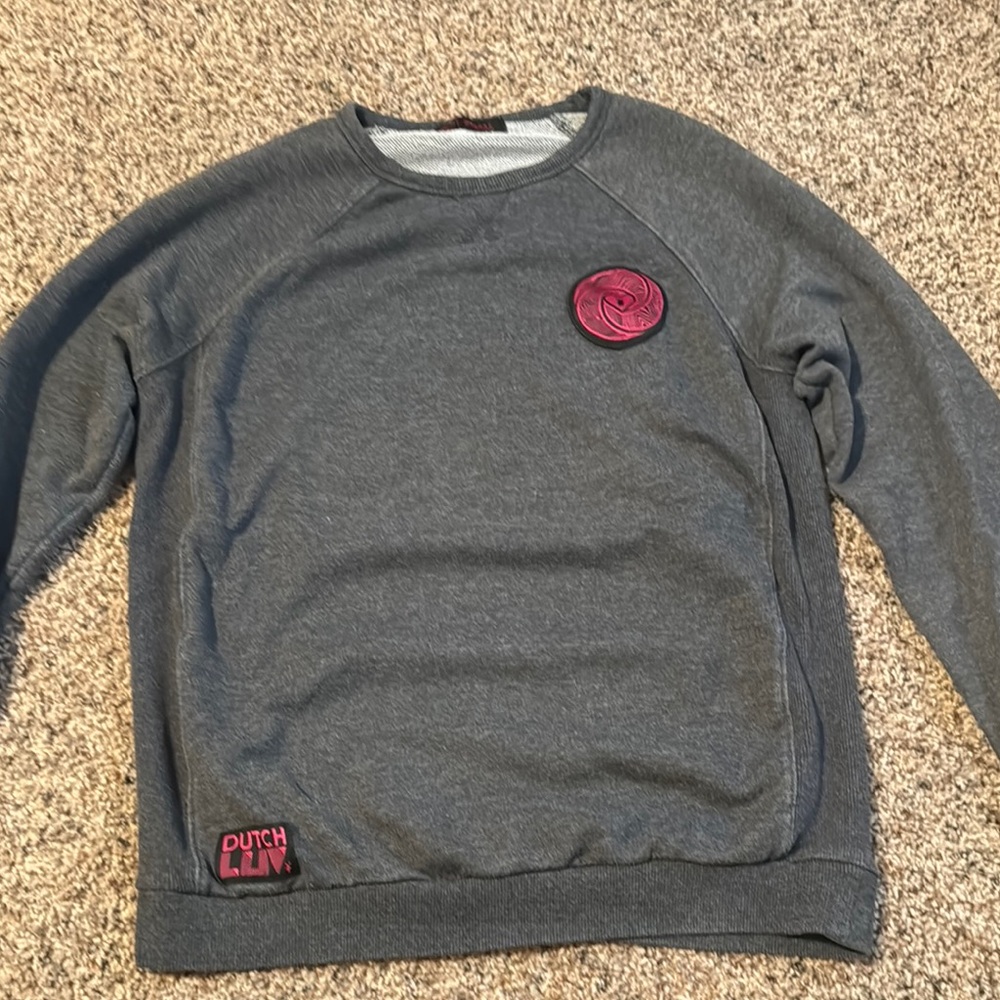 Dutch Bros Gray Crew Neck Sweater with Embroidered Patches